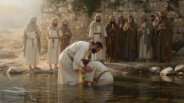 Biblical baptism scene with Jesus baptizing a man in river surrounded by disciples in ancient attire