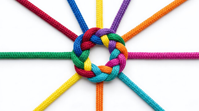 Colorful ropes braided into a central circle on a white background representing unity and teamwork