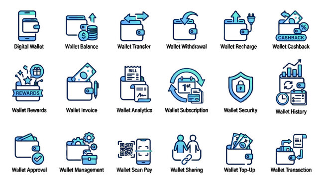 Digital wallet icons set for mobile payments and financial transactions