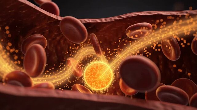 Detailed 3D illustration of blood cells and particles flowing through a blood vessel with glowing effects