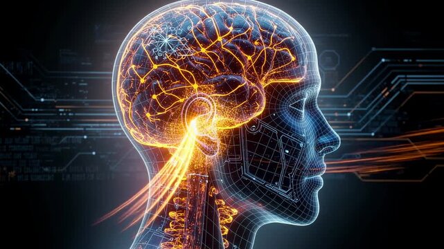 Futuristic human brain technology with glowing neural connections and digital interface visualization