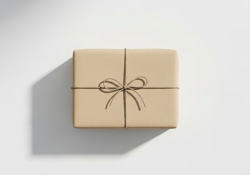 Minimalist gift box wrapped in brown craft paper isolated on white background