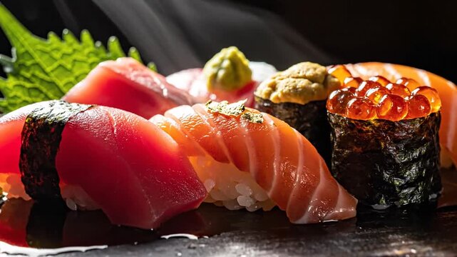 Gourmet Japanese sushi platter featuring tuna nigiri, salmon with gold leaf, ikura salmon roe, and uni sea urchin on a dark slate board with dramatic lighting and background steam.