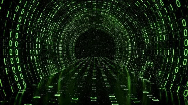 Futuristic digital tunnel with glowing green binary code representing data flow and technology background