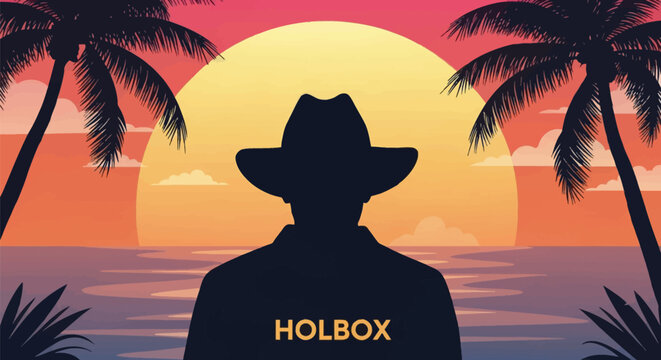Silhouette of a man wearing a cowboy hat against a large setting sun with palm trees and ocean waves, featuring the text Holbox, Mexico, in a vibrant tropical vector landscape.