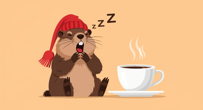 2D vector illustration of a brown groundhog wearing a red tassel nightcap yawning beside a white cup of hot steaming coffee on a tan background with Zzz sleep symbols.