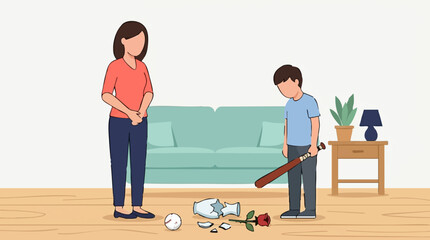 Sad boy with baseball bat stands next to broken vase, mother looks on © Tahphoto