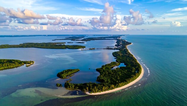Coastal islands & land meet the ocean under a blue sky with some clouds, showing a beautiful, serene landscape