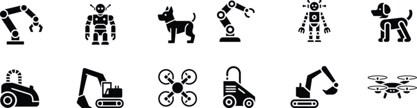 Robot and automation icons set featuring mechanical arms drones and robotic pets for modern technology and artificial intelligence development.