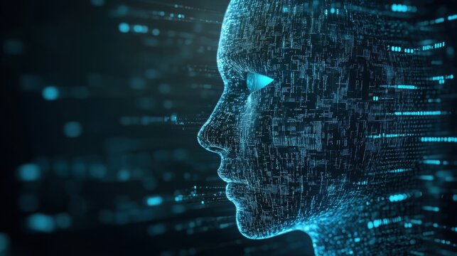 Digital Human Face with AI Technology Data Flow in Futuristic Cyber Space Background