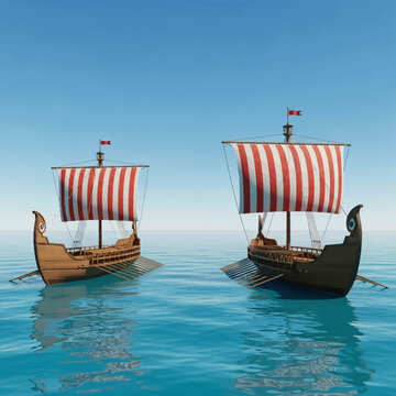 Two ancient Greek trireme galleys with red and white striped square sails and multiple oars sailing on calm blue water under a clear sky, 3D digital illustration of historical vessels.