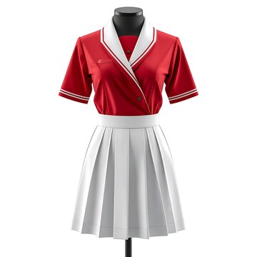 Red jacket and white skirt mannequin display.