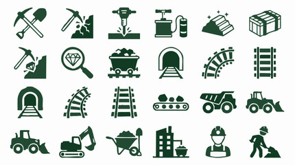 Mining industry icons set: tools, machinery, minerals, and workers © Tahphoto