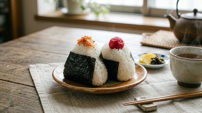 Heartwarming Japanese breakfast setting with handmade salmon and plum onigiri on a rustic wooden table
