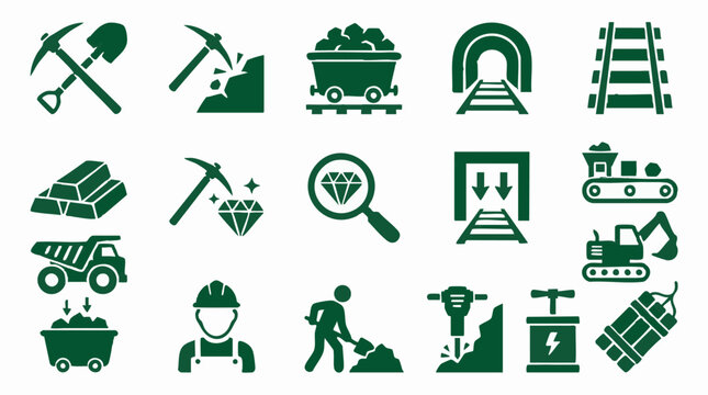 Mining industry vector icons set. Extraction, tools and resources symbols