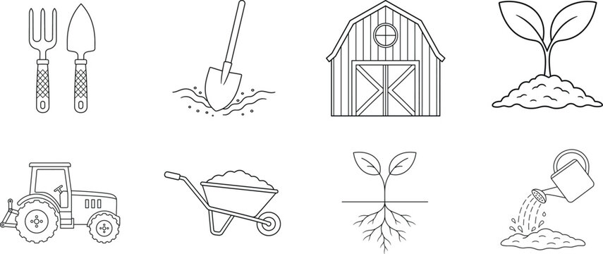Set of various gardening tools and icons. Soil line editable stroke icon set. Vector illustration