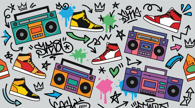 Flat style vector illustration of hip hop culture elements including boomboxes, sneakers, microphones, headphones, and graffiti lettering in a colorful pattern