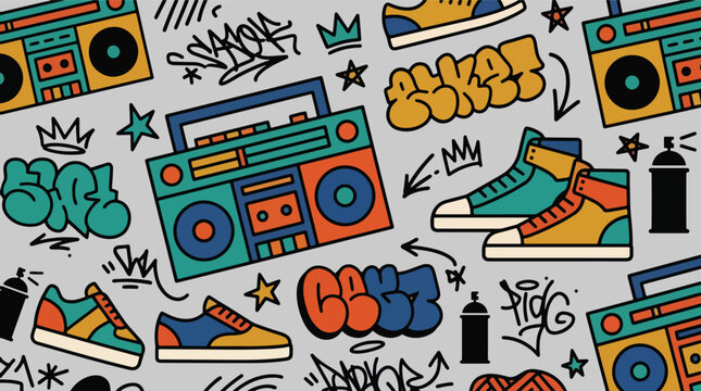 Flat style vector illustration of hip hop culture elements including boomboxes, sneakers, microphones, headphones, and graffiti lettering in a colorful pattern