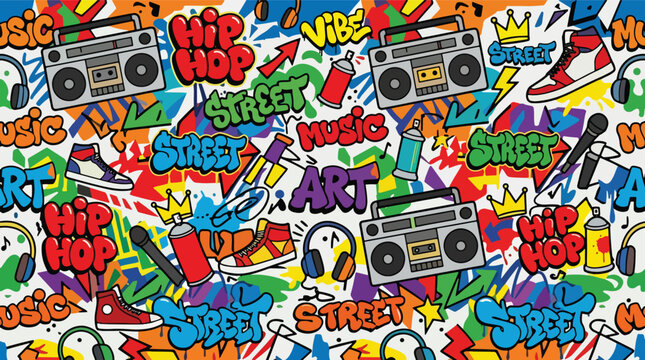 Flat style vector illustration of hip hop culture elements including boomboxes, sneakers, microphones, headphones, and graffiti lettering in a colorful pattern