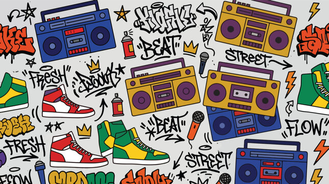Flat style vector illustration of hip hop culture elements including boomboxes, sneakers, microphones, headphones, and graffiti lettering in a colorful pattern
