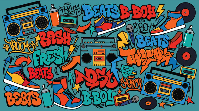 Flat style vector illustration of hip hop culture elements including boomboxes, sneakers, microphones, headphones, and graffiti lettering in a colorful pattern