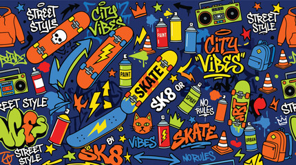 Flat style vector illustration of skateboards, spray cans, backpacks, and street culture icons arranged in a vibrant urban lifestyle composition © Amie