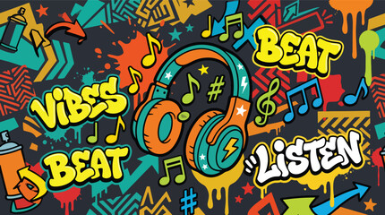Obraz premium Flat style vector illustration of headphones, musical notes, paint drips, and abstract colorful shapes, expressing creativity, sound, rhythm, and urban energy