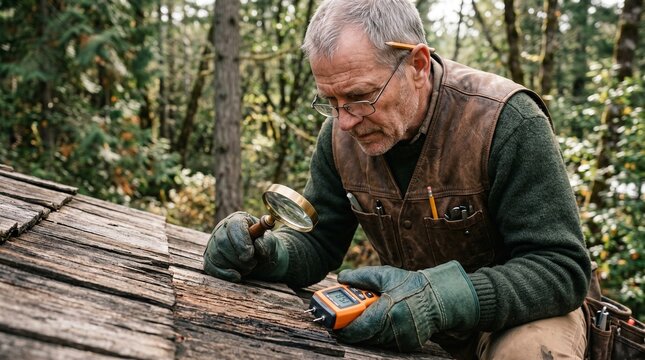 Experienced craftsman inspects weathered wooden shingles with magnifying glass and moisture meter in forest setting