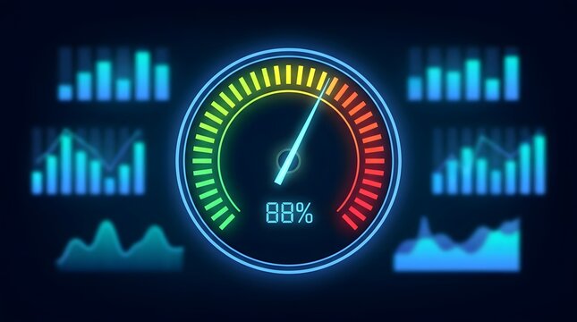Futuristic digital dashboard with speedometer indicating eighty-eight percent performance, featuring data graphs and statistics.