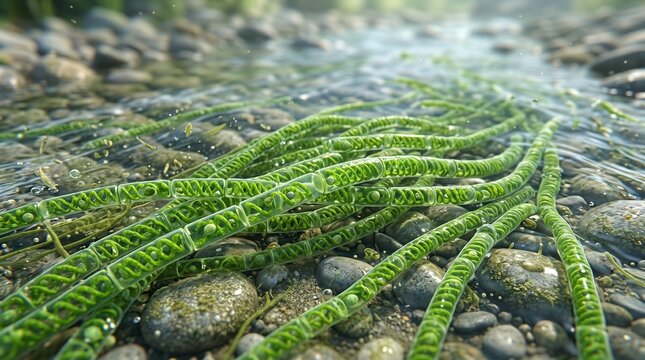 Microscopic view of Spirogyra algae filaments with spiral chloroplasts in clear flowing water over pebbles