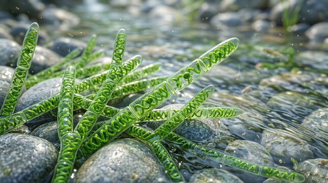 Microscopic view of Spirogyra algae filaments with spiral chloroplasts in clear flowing water over pebbles