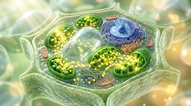Detailed 3D illustration of a plant cell showing chloroplasts mitochondria nucleus vacuole and cell wall with internal structures and energy flow