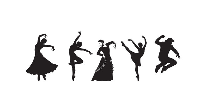 Set of various human dance silhouette collection on isolated background, people dancing in different styles and movements.