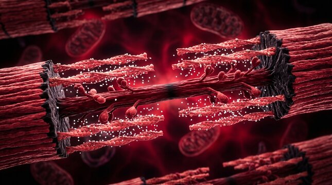 Microscopic view of muscle fibers contracting and releasing energy with mitochondria in the background