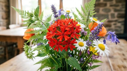 Fototapeta premium Vibrant floral arrangement showcasing a diverse mix of colorful wildflowers and greenery, artfully displayed.