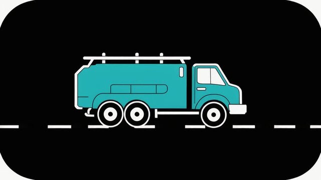 Flat vector animation of a blue industrial tanker truck driving on a highway at night