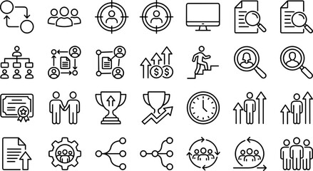 Fototapeta premium Professional Human Resources and Talent Management Icon Set Featuring Career Growth, Recruitment, Team Leadership, and Organizational Development Symbols for Corporate Business