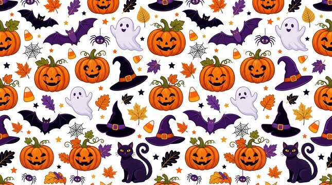 Seamless halloween pattern with cartoon ghosts pumpkins cats bats hats.
