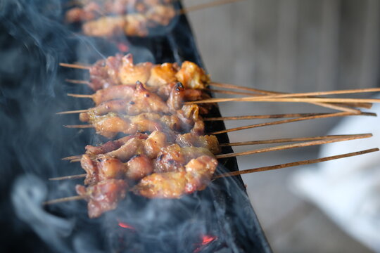 Sate Ambal is a chicken satay typical of the Kebumen area of Central Java. This satay is made from chicken meat seasoned with spices. Sate is cooked by grilling on a charcoal grill. Indonesian food.