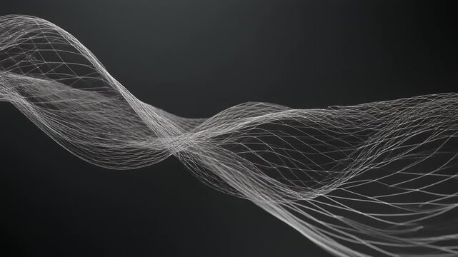 Abstract white wireframe mesh wave flowing on dark background with depth of field