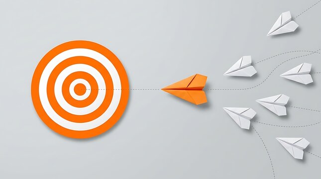 One orange paper airplane leads the way towards a target, diverging from a group of white airplanes on a grey background