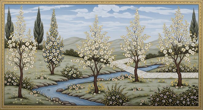 Spring landscape with blooming trees winding rivers rolling hills under a cloudy sky landscape blooming