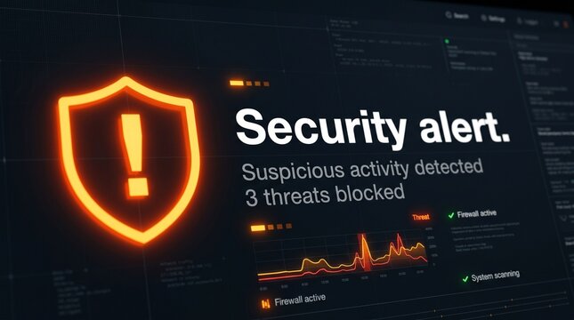 Cybersecurity alert screen showing a shield icon with an exclamation mark and suspicious activity detected on a digital interface