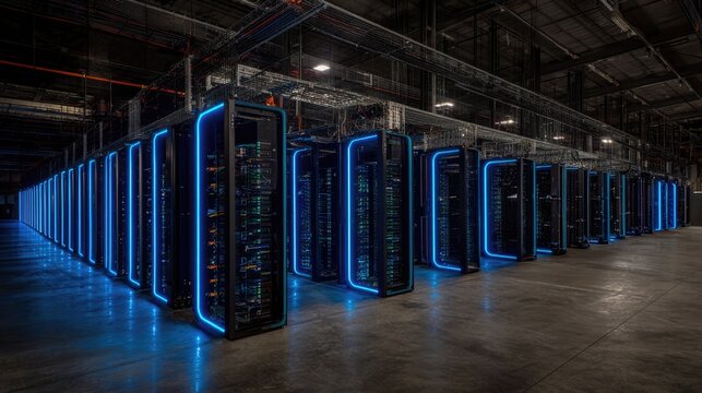Data center servers with blue neon lights showing technology infrastructure