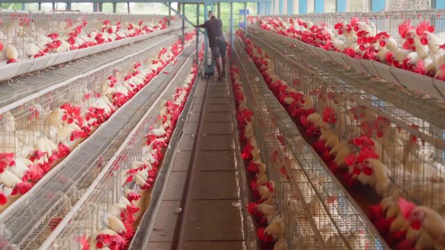 modern indoor industrial poultry farm, featuring close-up details of white broiler chickens