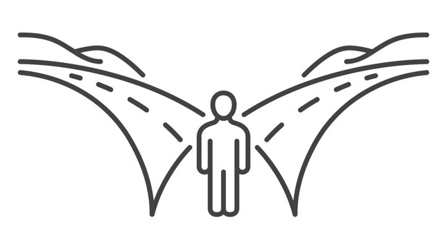 Figure facing a fork in the road choosing direction.