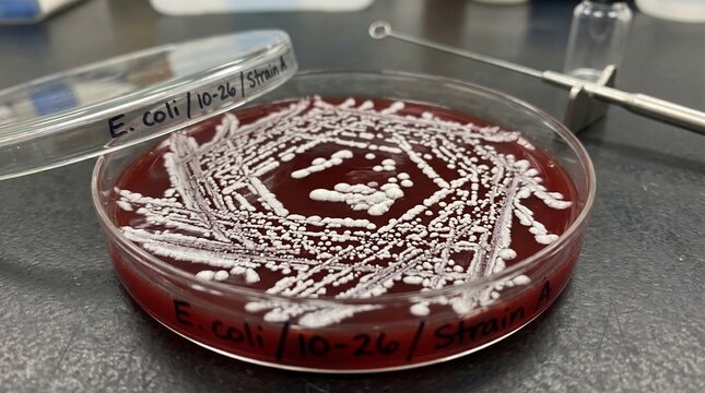 E coli bacteria culture growing on agar in a petri dish with lab equipment in the background