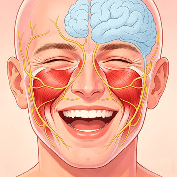 Anatomical illustration of facial muscles and nervous system involved in laughter