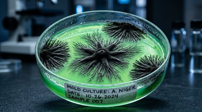 Aspergillus niger mold culture growing in a petri dish with green agar in a laboratory setting with microscope and vials in background