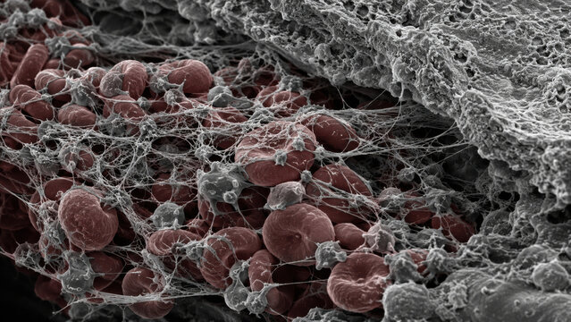 High magnification electron microscope view of thrombus formation in blood vessel. detailed micrograph study showing red blood cell trapped in fibrin for hemostasis